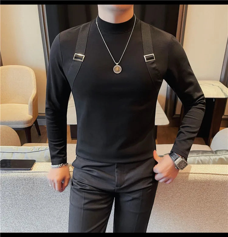 Men's Strap Long-Sleeved T-shirt For Autumn and Winter, Slim Fit Half Turtleneck Bottoming Shirt, Fashion City Knitwear