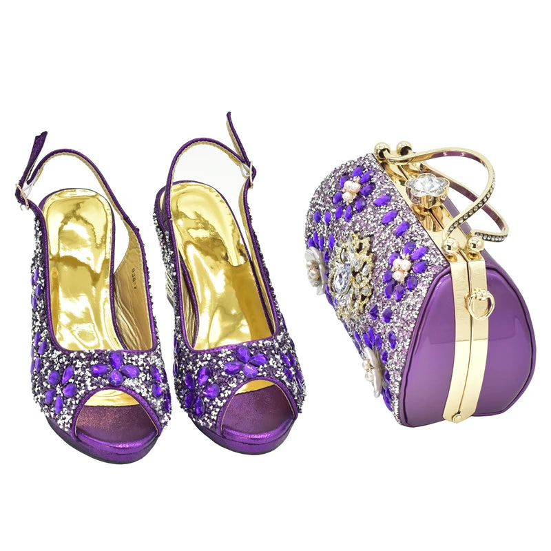 Italian Women Wedding Shoes and Bag Set Decorated with Rhinestone Africa Shoe and Bag Set Plus Size Heels 43 Wedding Shoes Bride