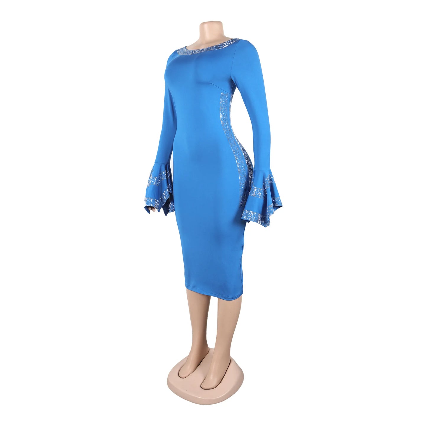 Women's Casual Solid Color V Neck Flare Sleeve Rhinestone Decor Backless Midi Pencil Dress