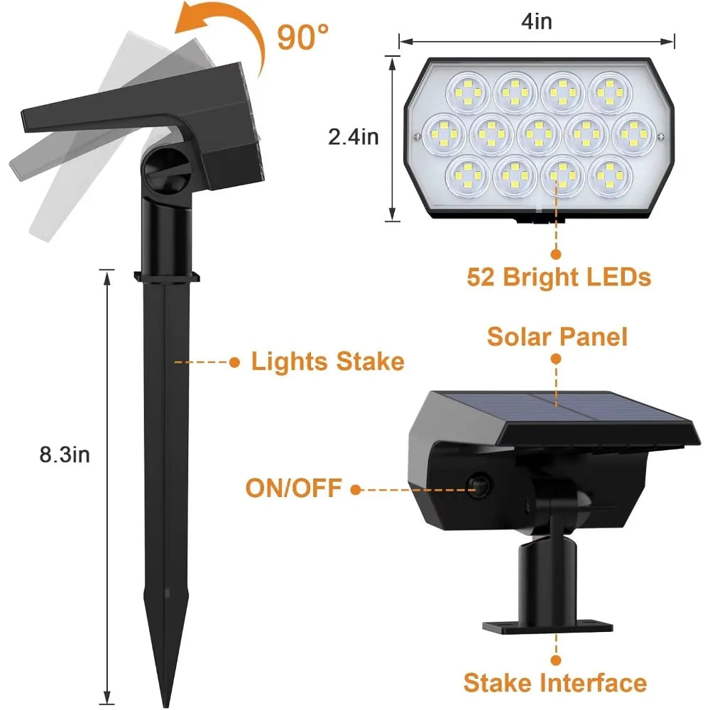 52 LED-Solarstrahler für den Außenbereich, IP65, wasserdicht, mit 3 Modi, Landschaftsbeleuchtung für Gehwege, Hof, Garten