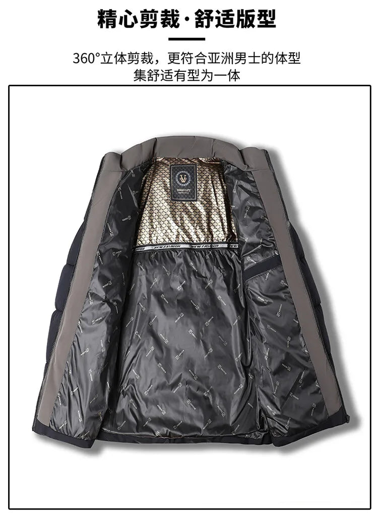 Men's High-Quality Solid Colour Business Casual Thickened Warm Cotton Jacket With Standing Collar Suitable For Male Daily Commute