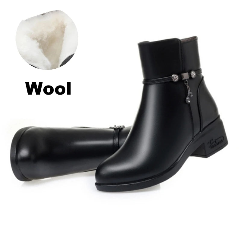 Women's Mother Female Genuine Leather Shoes Ankle Boots Winter Fur Plush Wool Warm Zipper
