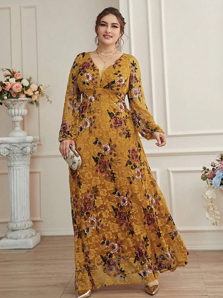 Spring Summer Lace Mesh Floral Print Lantern Sleeve Women Clothing 2024 New Plus Size Luxury Elegant Party Evening Dress
