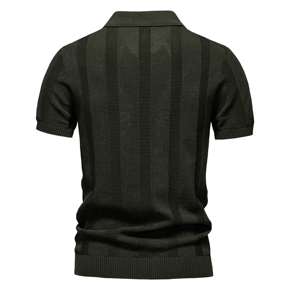 2025 Men's Solid & Striped Mesh Polo Shirt - Breathable Knit Casual Top with Turn-Down Collar