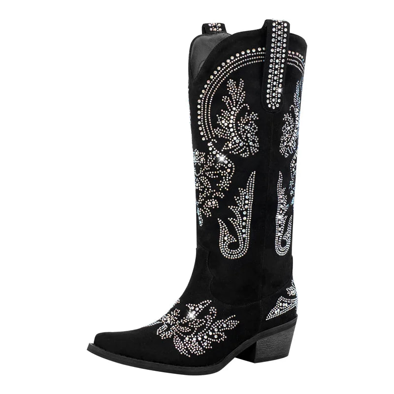 Women Pointed Toe Rhinestone Western Cowboy Boots Black Female Wide Mid Calf Boots