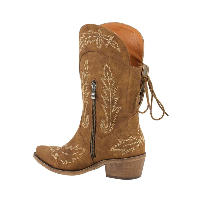 Women Pointed Toe Black Embroidery Western Boots Tapered Heel Round Up Mid-Calf Western Cowgirl Boots