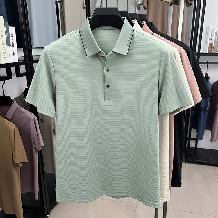 Men's Short-Sleeved T-Shirt, Subtle Striped Texture, Classic Collar Design With Button Details - Soft and Breathable Fabric Polo