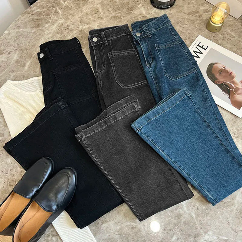 New Women's High Waist Washed Jeans Korean Style Pockets Slim Denim Flared Pants Ladies Vintage Stretch Classic Jean Trousers
