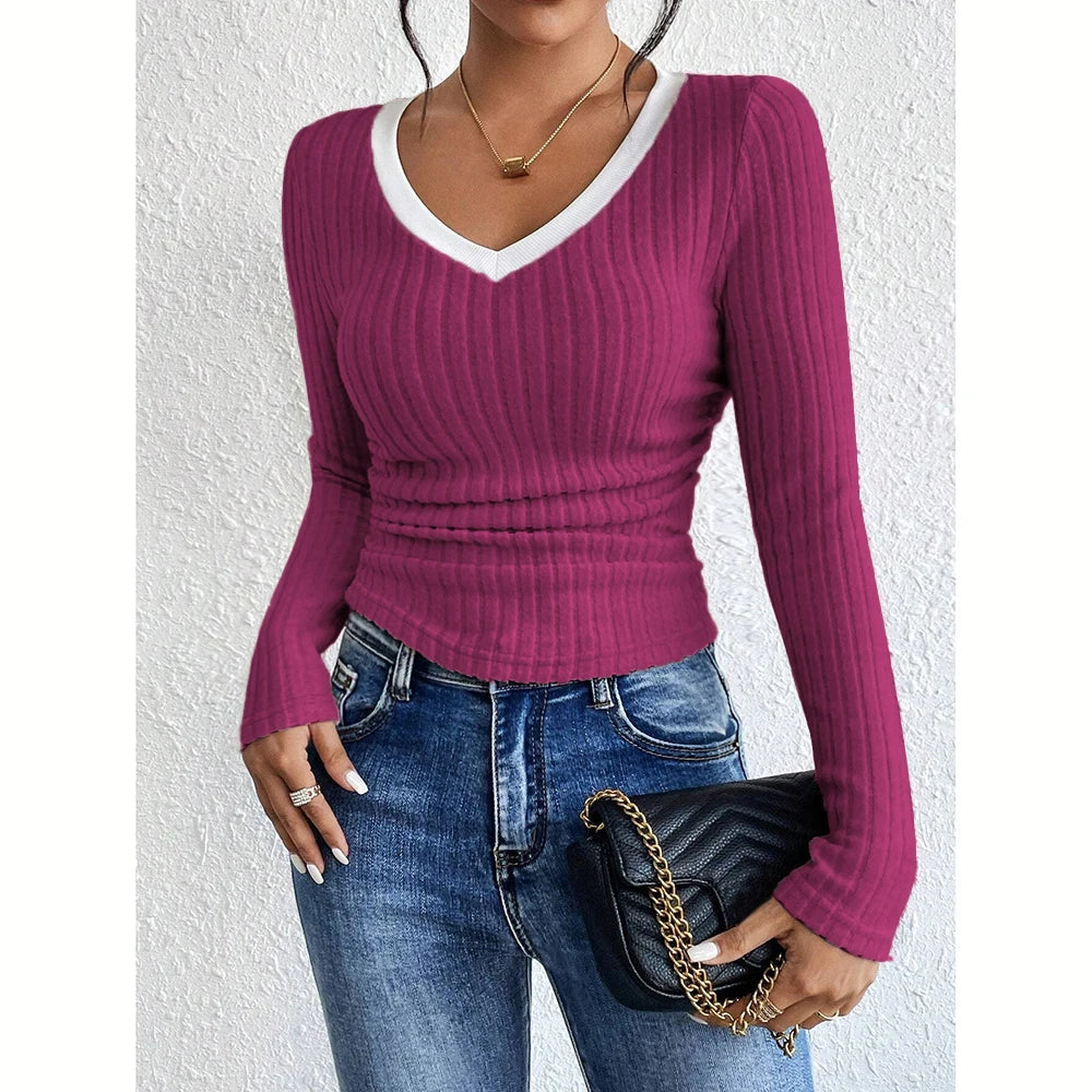 Women's T-Shirts Autumn Winter Fashion Contrast Colour Long Sleeve V-Neck Fashion T-Shirts