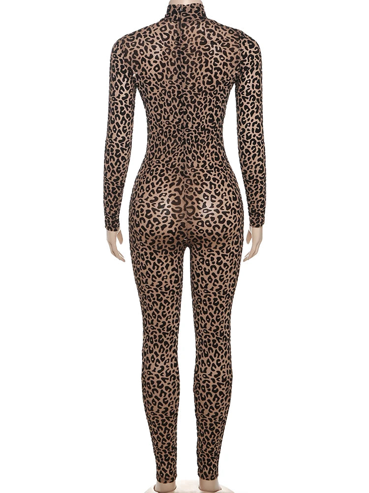 Autumn Sexy Leopard Mesh Jumpsuit Women Sexy Hipster Zip Stretch Midnight Workout Clubwear Fitness Street Overalls