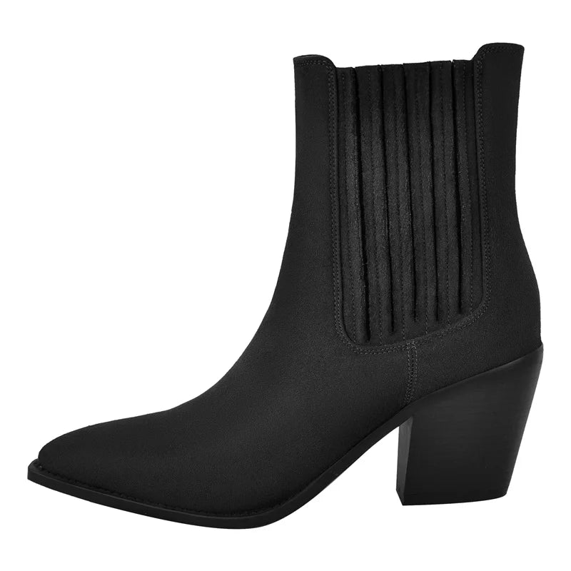 Pointed Toe Pull-on Western Cowgirl Boots Chunky Heel Big Size Ankle Boots
