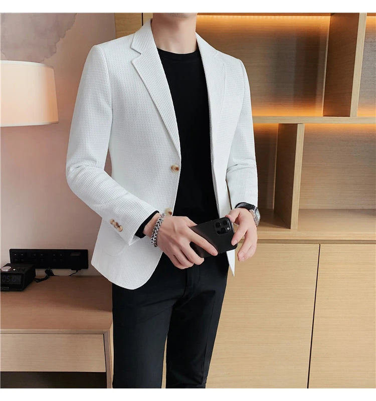 Men’s Waffle Plaid Blazer Coat, Hounds-Tooth Pattern, Wool-Blend Overcoat for Autumn & Winter - Lightweight, Stretchable