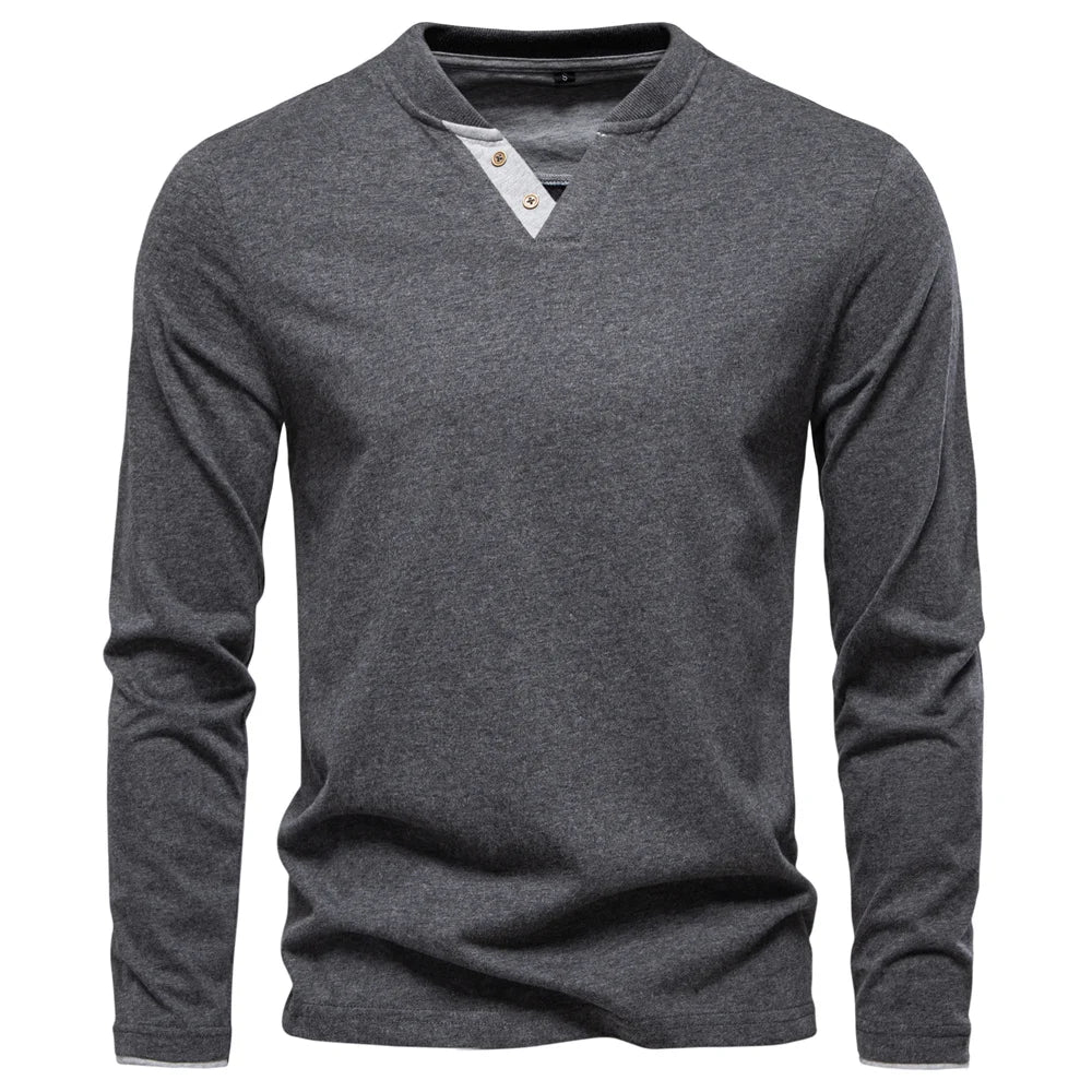 Men's Henley Collar Casual T-Shirt Solid Colour Long Sleeve Autumn Fashion High Quality 100% Cotton Male T-Shirts