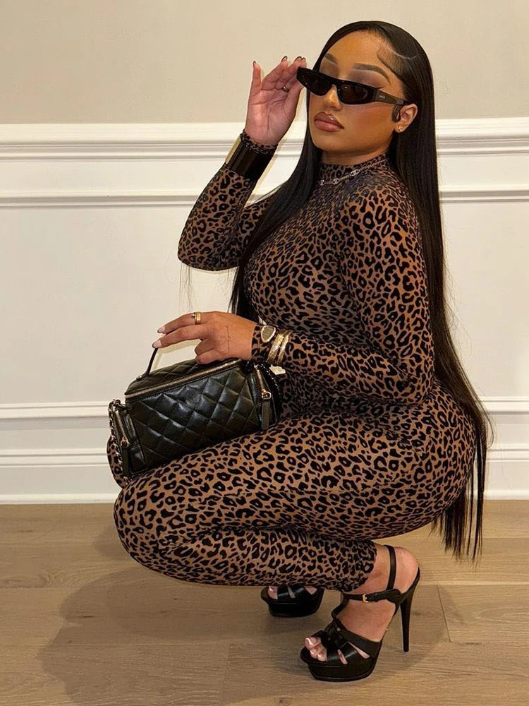 Autumn Sexy Leopard Mesh Jumpsuit Women Sexy Hipster Zip Stretch Midnight Workout Clubwear Fitness Street Overalls