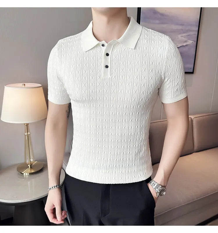 Men's Slim-Fit Jacquard Knitted Short-Sleeved Polo Shirt for Male Fashion Lapel Golf Shirt