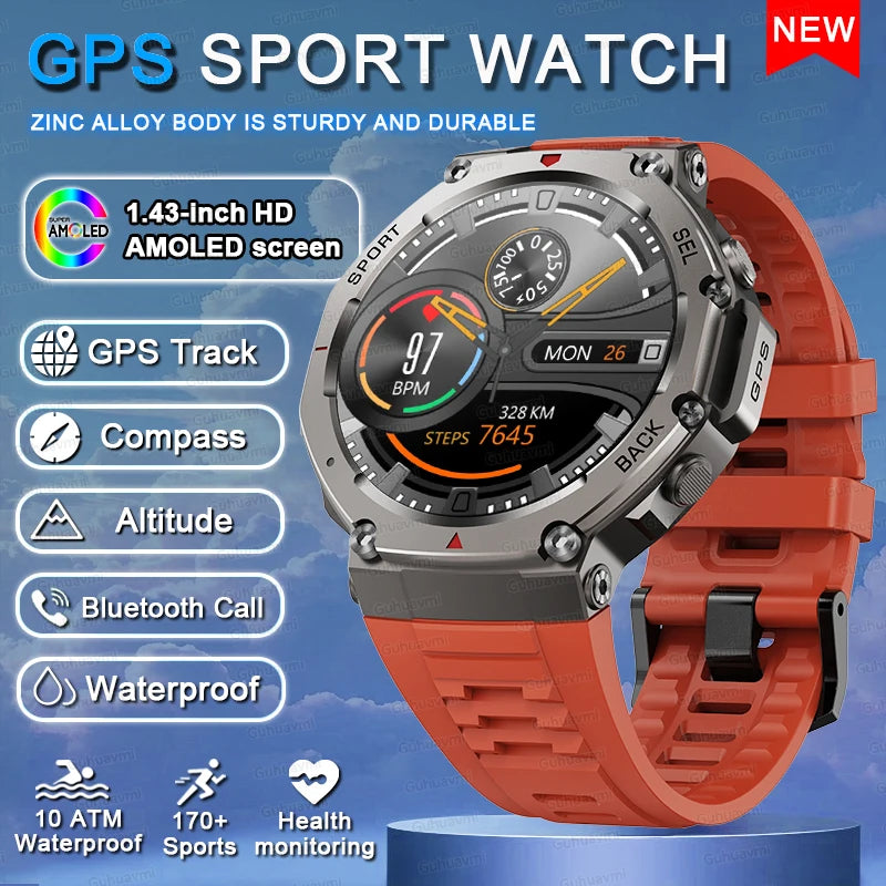 2025 New Outdoor Military Smart Watch Men GPS Track Waterproof Swim Health Monitor Compass GPS Sport Fitness Smart Watch Bracelet