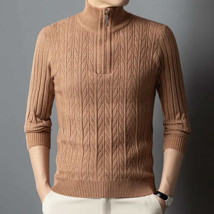 Men's High-Quality Semi-High-Neck, Business Casual Warm Sweater, Stretchy Striped Male Pullover Sizes M-4XL
