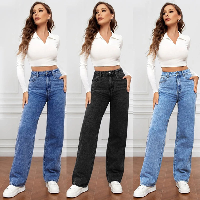 Women's Simple Versatile Straight Jeans Casual Loose High Waist Washed Denim Street Fashion Button Pocket Long Pants