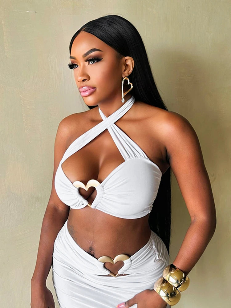 Love Rings Patchwork 2 Piece Set Cross Women Halter Crop Tops + Ruched Hollow Skirts Matching Hottie Street Trend Suits