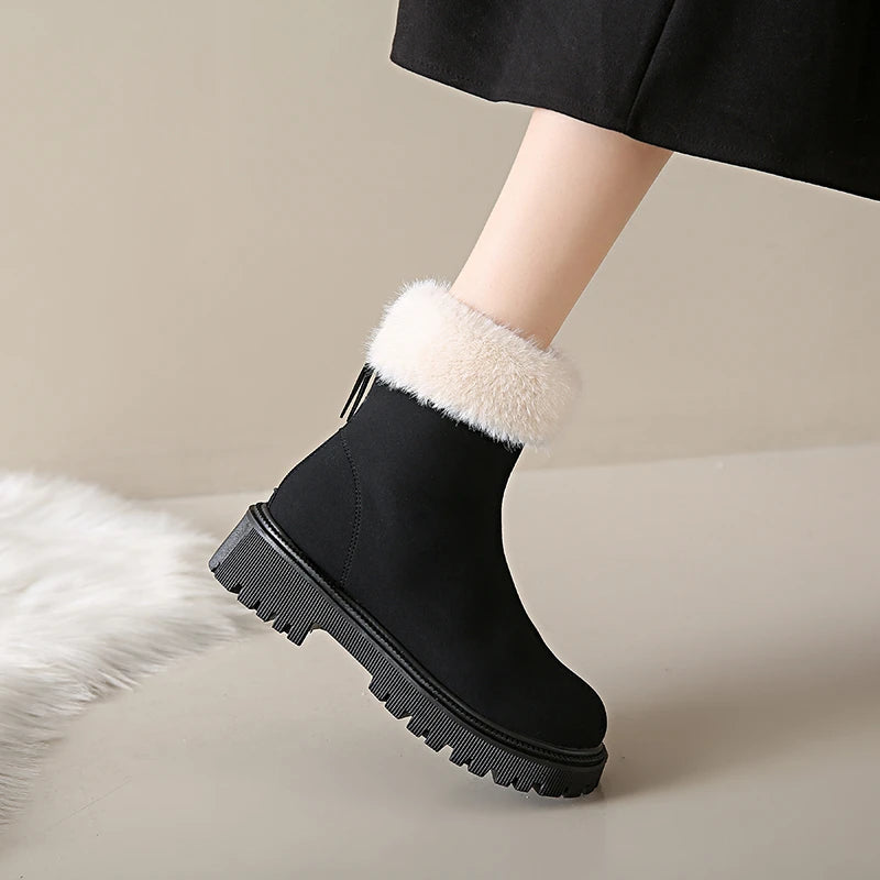 Women's Winter Boots 2024 New Fashion Velvet Lined Solid Color Ankle Square Heel Round Toe Outdoor Snow Boots Thick Soles Zipper