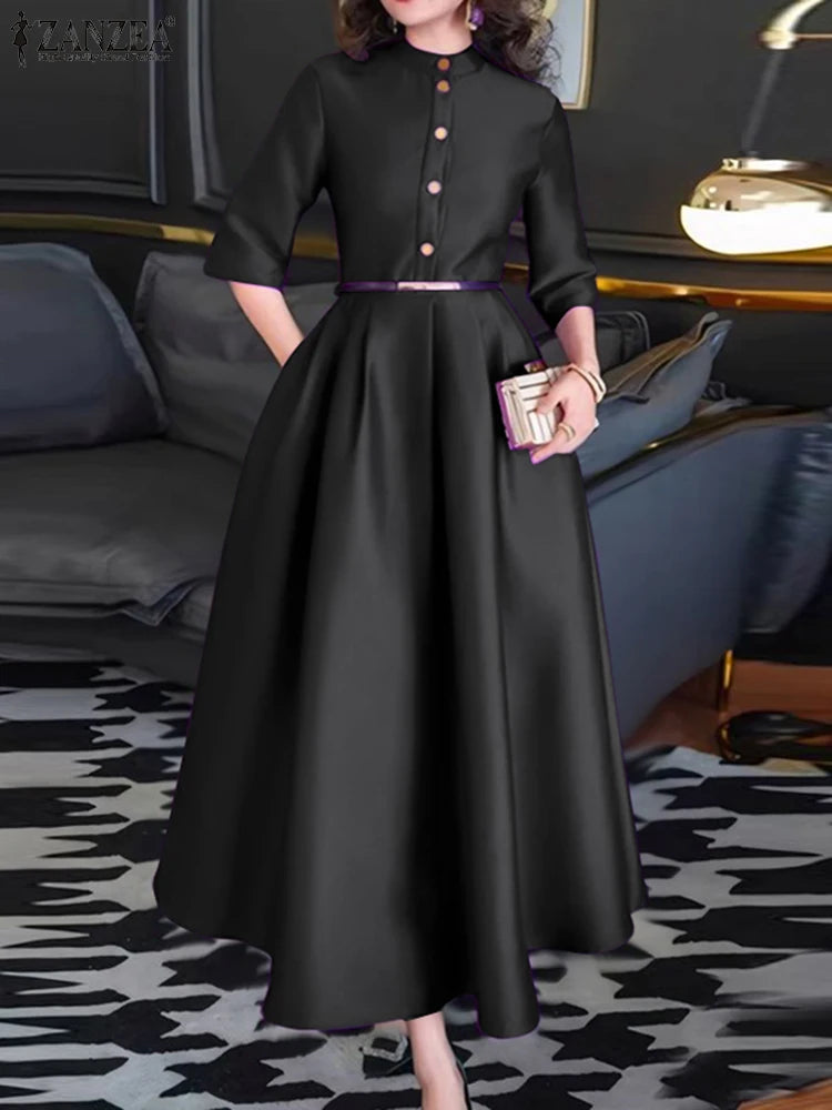 Elegant Women Party Maxi Dresses 2025 Autumn Fashion Stand Collar 3/4 Sleeve Half-Button Fitted Waist A-Line Robes Femme