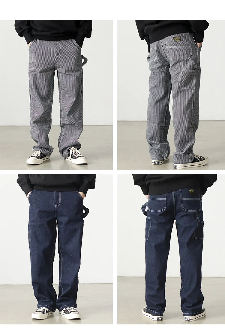 3903# Spring New American Retro Denim Carpenter Cargo Jeans Men's 100% Cotton Washed Loose Casual Multi-pocket Straight Pants