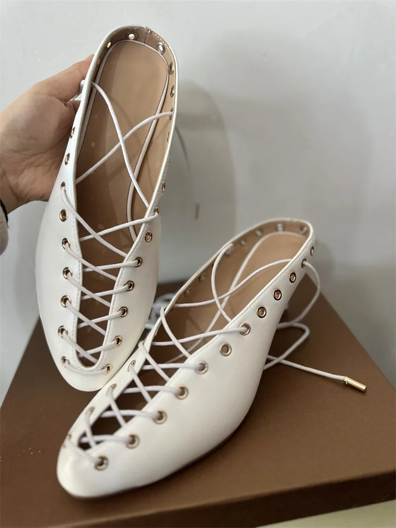 Women White Closed ToeLace Up Mules Kitten Heel Stiletto Summer Sandals Coeset Heels