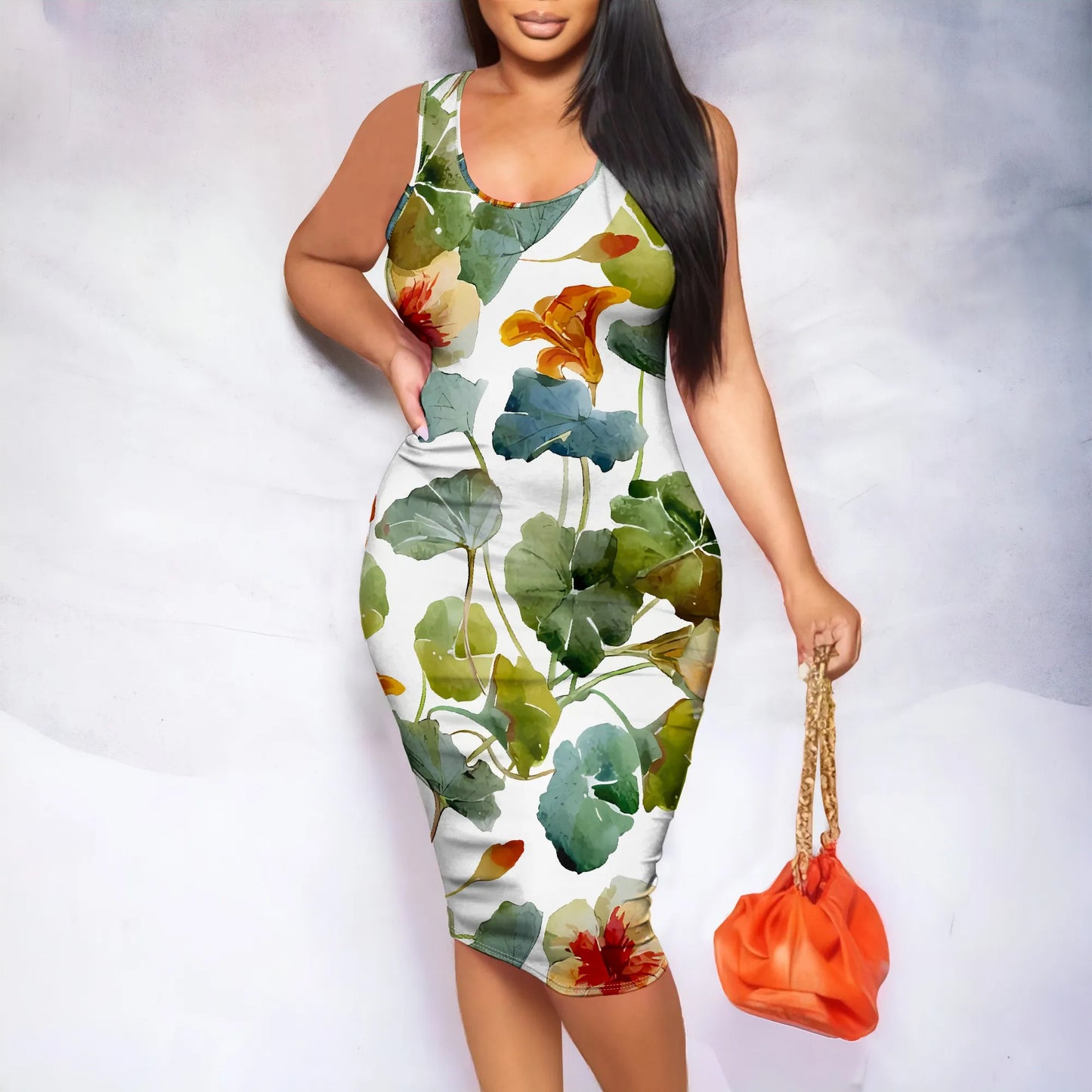 Botanical Floral Print Sleeveless Bodycon Midi Dress Summer Slim Fit Tank Dress Casual Vacation Style for Women