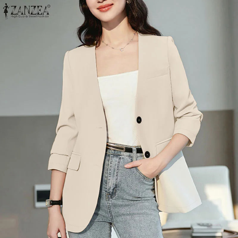 Elegant Solid Suit Jackets Long Sleeve Button Up Autumn 2024 V Neck Outwear Tops Office Lady Women Commute Fashion Blazer