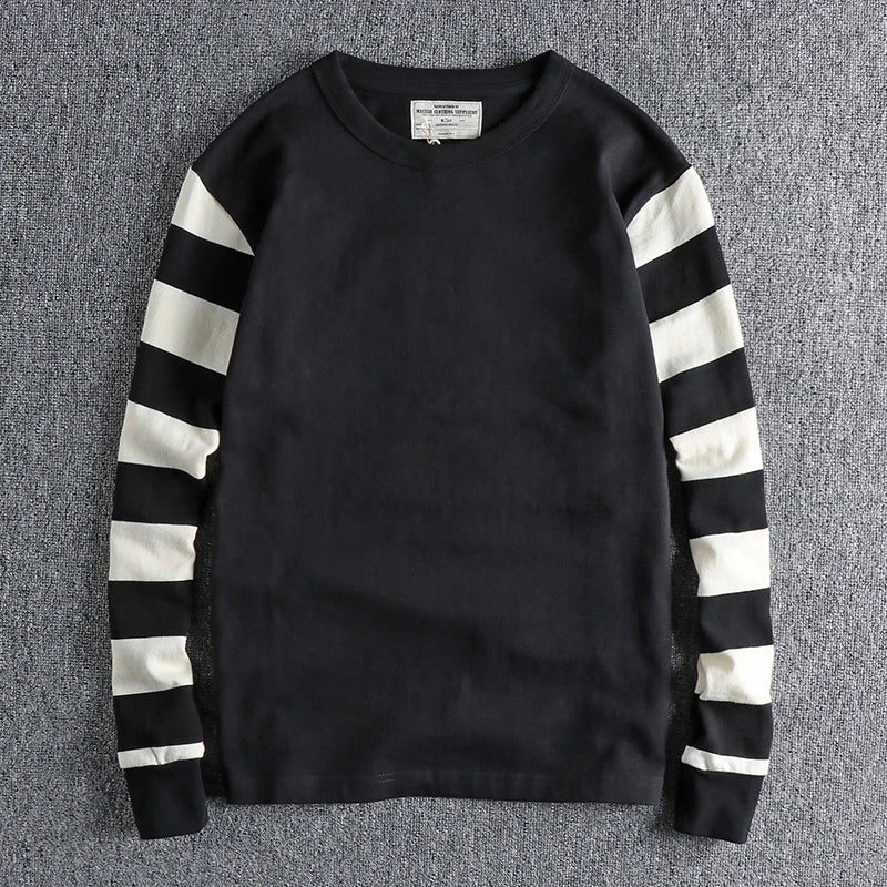 Herfst Amerikaanse Retro Lange Mouw Zwaargewicht Gestreept T-shirt Herenmode Puur Katoen Gewassen Gevangenis Motorfiets Casual Tops