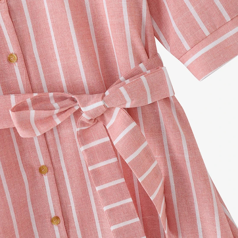 Women Striped Shirt Dress Elegant Lapel Neck 3/4 Sleeve A-line Midi Dresses 2025 Summer Tie-Waist Robes Femme Vestidos