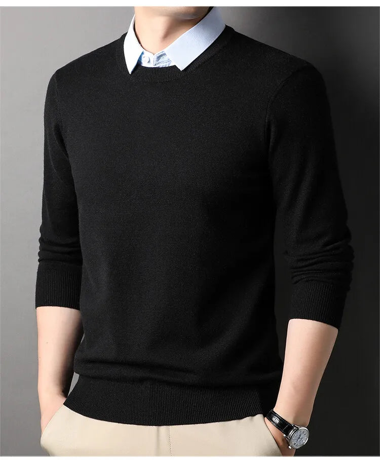 Unisex Knit Sweater Dark Navy False Two-Piece Design Thickened Layered Look With Built-in Collar Soft Touch & Warm Sweater For Men & Women