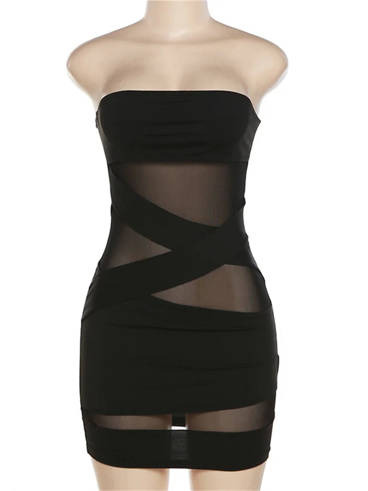 Midnight Dress See-Thought Mesh Patchwork Bandage Wrapped Chest Women Sexy Hip Wraps Dresses Female Partywear Clothing
