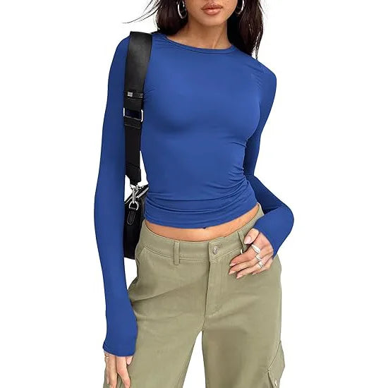 Fashion Senior Women's Long Sleeve Crew Neck Solid Slim Fit T-shirt Crop Top Ladies Daily Streetwear Casual Tee
