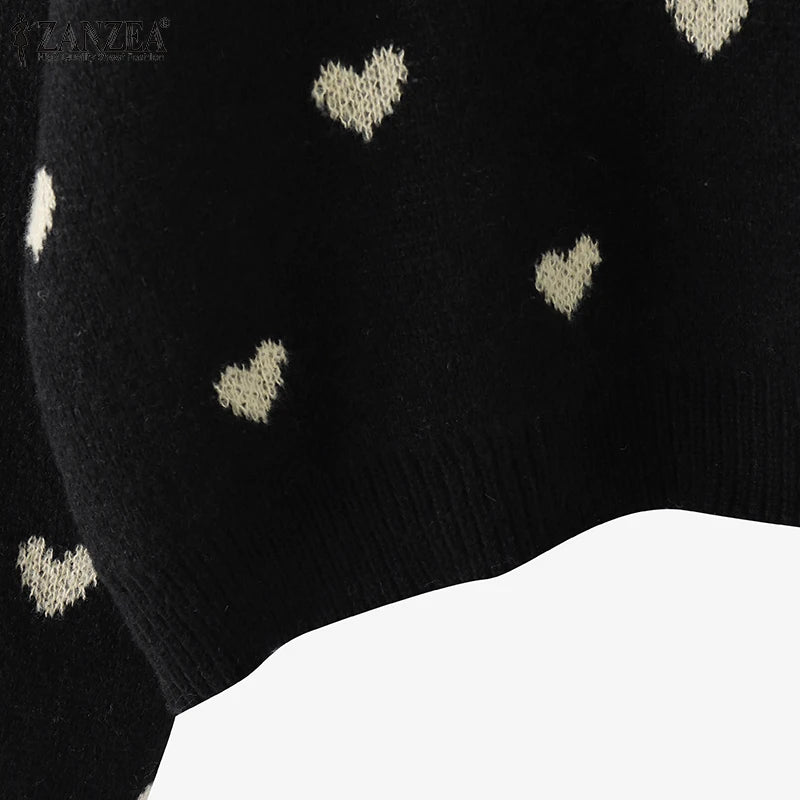 Women Loose Knitted Sweaters 2025 Spring Autumn Lantern Sleeve O Neck Heart Pattern Pullovers Streetwear Stylish Tops