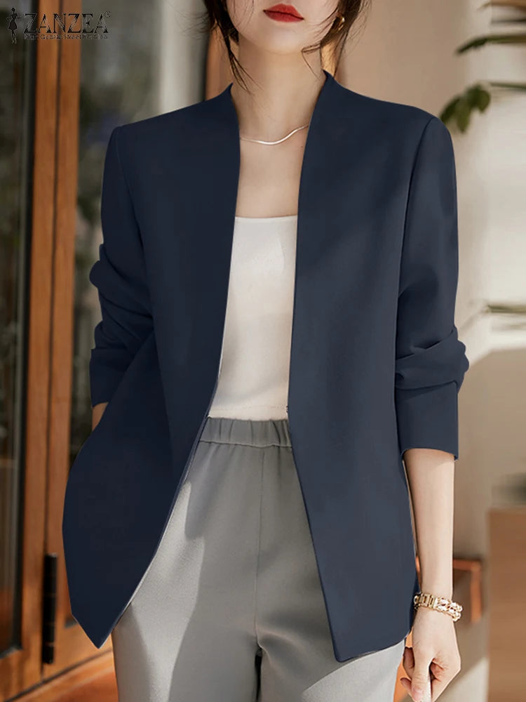 2025 Autumn Lightweight Blazer for Woman V-Neck Long Sleeve Solid Colour Casual Suit Coats Korean Fashion Office Wear