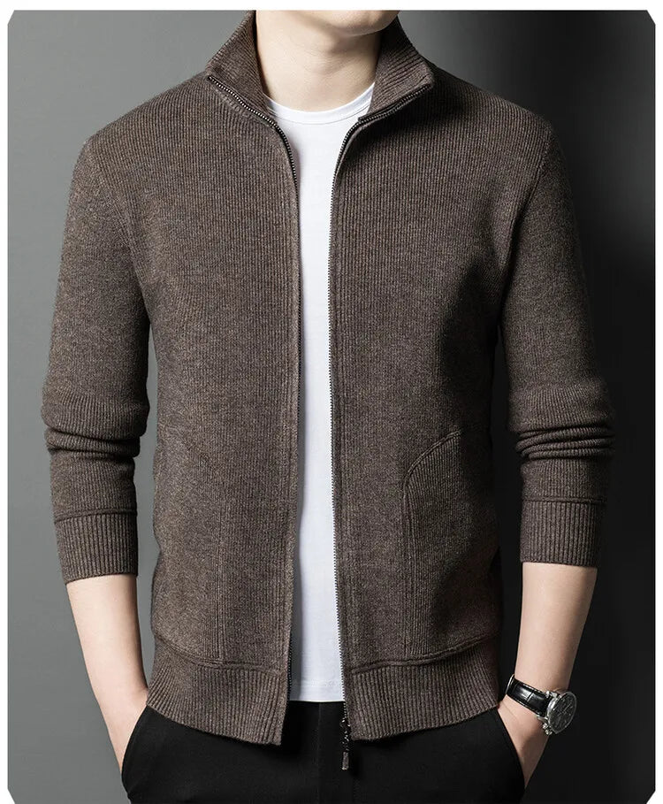 Men's Solid Colour Autumn Long-Sleeved Stretch Warm Cardigan, Daily Jacket Sizes M-4XL