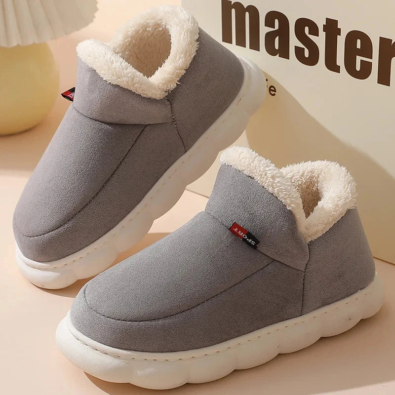 Men's Warm Plush House Slippers Indoor Anti-slip Winter Fluffy Slides With Waterproof Short Plush Male Cotton Shoes