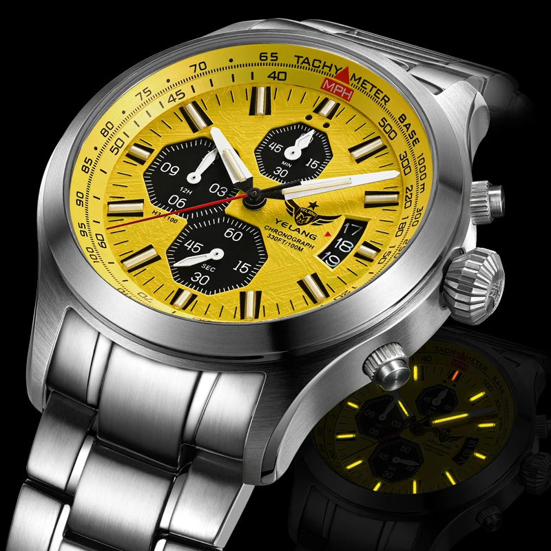 Yelang Men's Three Eyes Six Needles Japan OS00 Movement 100M Water Resistant Waterproof Diving Stainless Steel Quartz Watch
