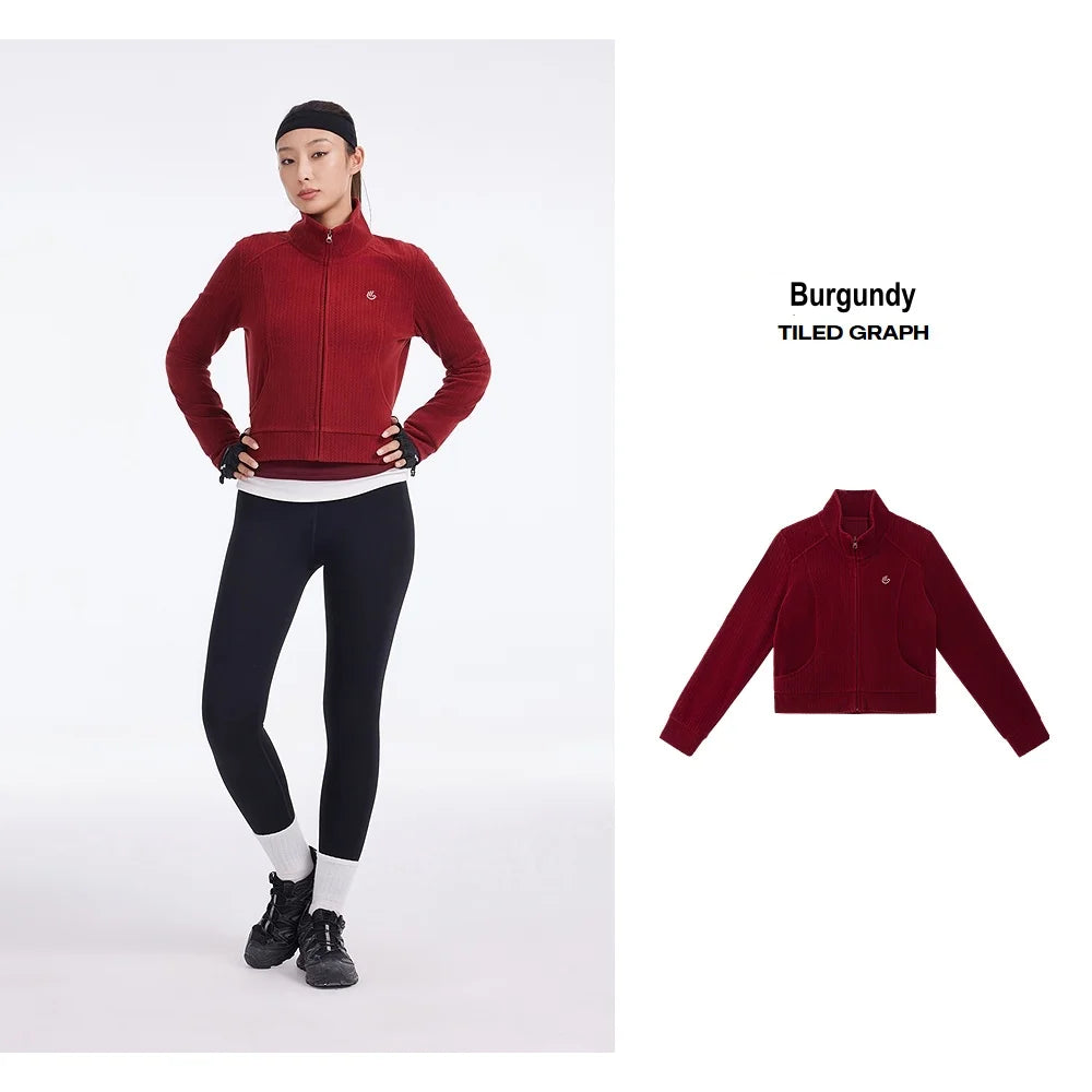 Women's Stand Collar Thermal Polar Fleece Jacket, Integrated Seam Pocket, Silver-Thread Embroidery Short Coats For Ladies
