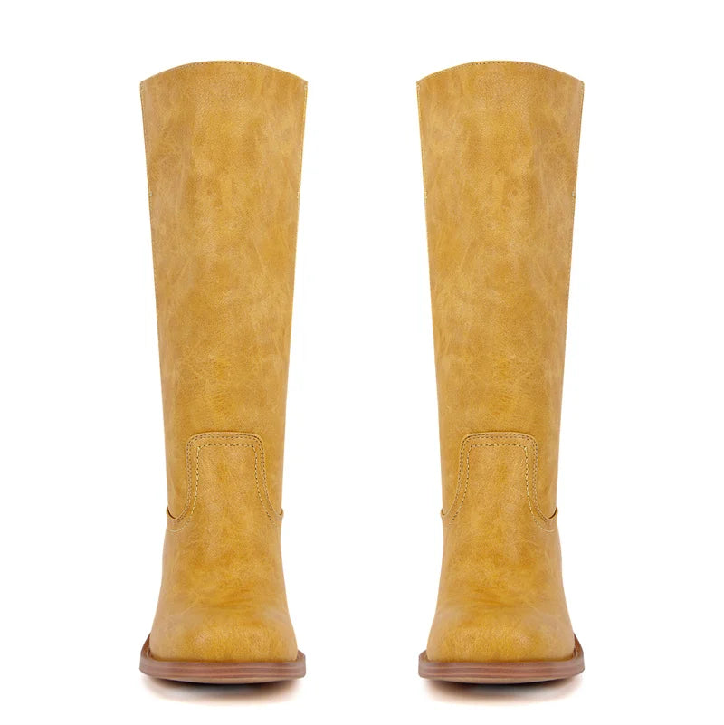 Women Round Toe Knee High Boots Low Heel Fashion Pull on Wide Calf Boots