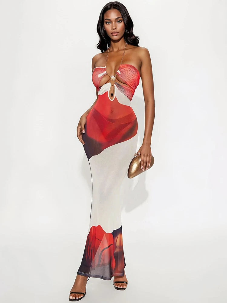 Seashell Metal Chain Hollow Halter Dress Women Flower Print Sexy See Through Backless Skinny Peach Hip Long Bodycon