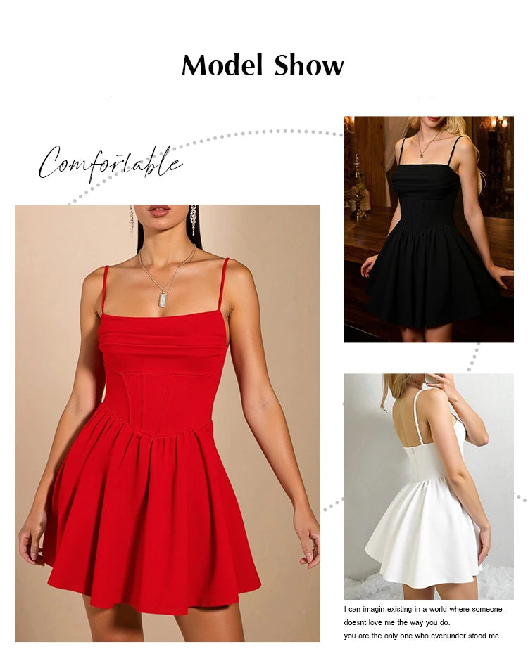 Women's A-Line Mini Short Dresses Square Neck Sleeveless Solid Red Elegant Party Summer Sexy Milkmaid Pleated Dresses