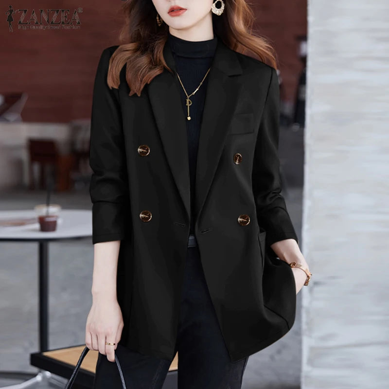 Casual Women Blazer Solid Office Lady Commute 2025 Spring Thin Jackets Lapel Neck Double-Breasted Long Sleeve Blazer