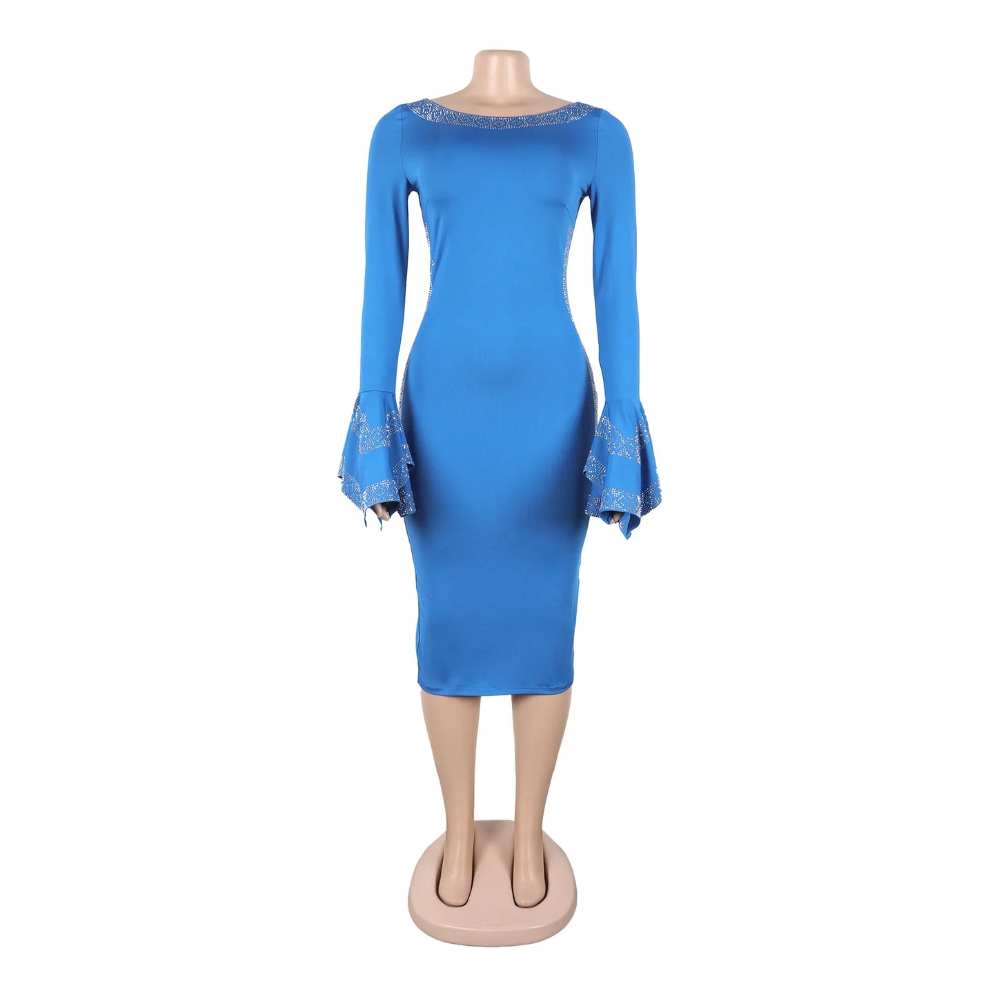 Women's Casual Solid Color V Neck Flare Sleeve Rhinestone Decor Backless Midi Pencil Dress