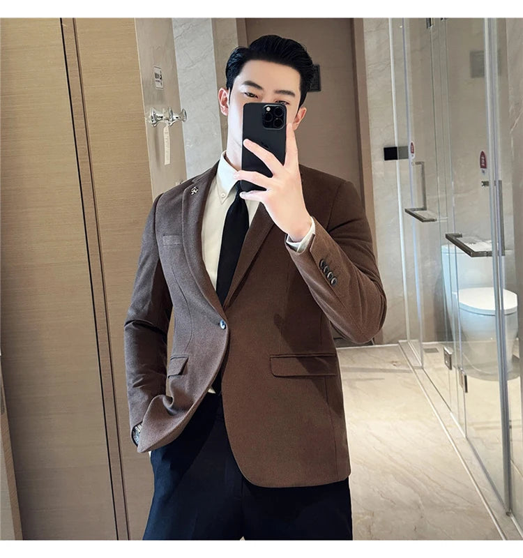 Men's Thickened High-Quality Daily Work Formal Single-Breasted Woollen Coat with Dark Stripe for Autumn and Winter Size S-4XL