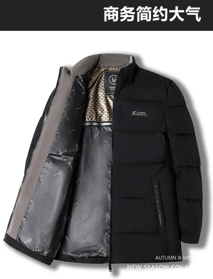 Men's High-Quality Solid Colour Business Casual Thickened Warm Cotton Jacket With Standing Collar Suitable For Male Daily Commute