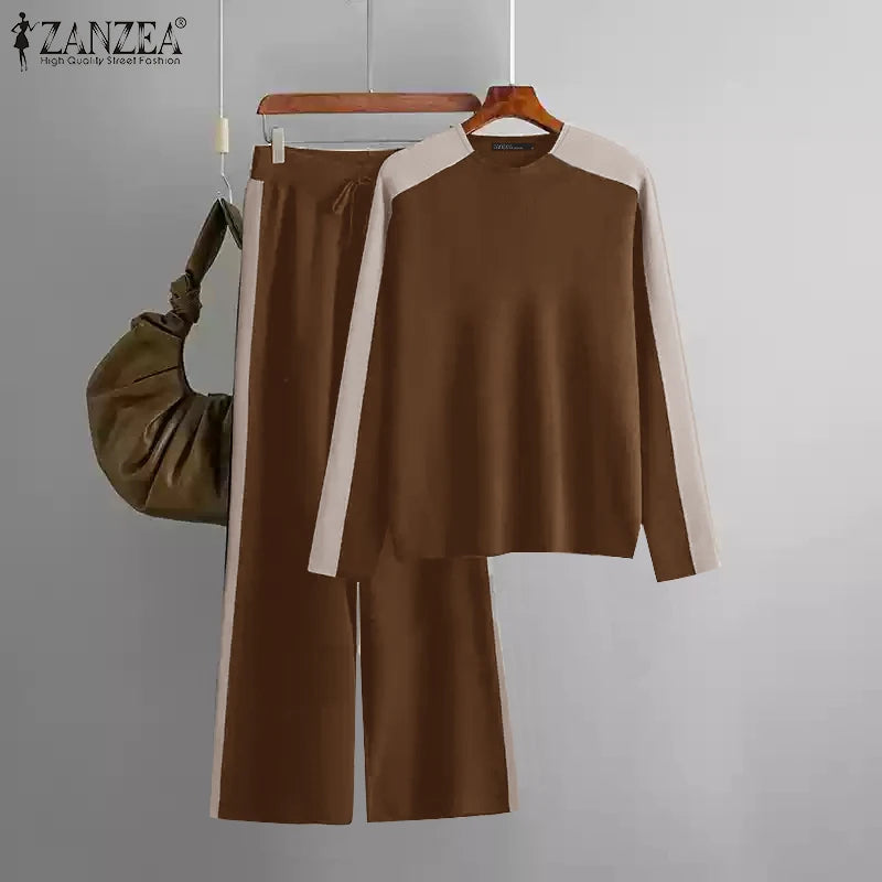 Casual Colour-Blocked Panels Women Pant Sets 2025 Spring Long Sleeve T-shirts Wide Leg Pant 2pcs Outfits Daily Tracksuits