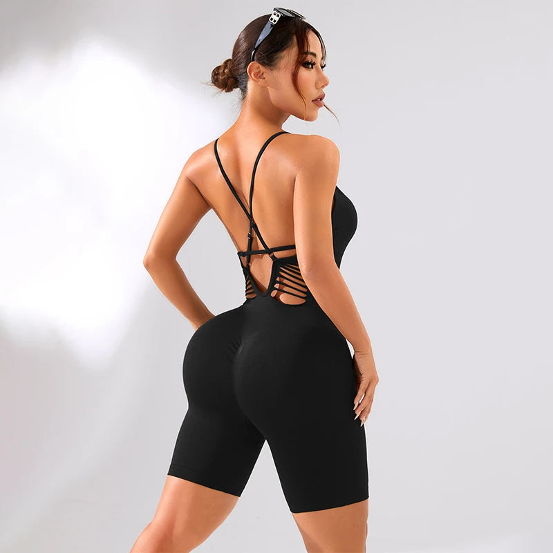 Sexy Ribbed V-Neck Sport Romper Fashion Seamless One Piece Yoga Clothing Plain Solid Fitness Butt Lifter Short Jumpsuit 2025 New