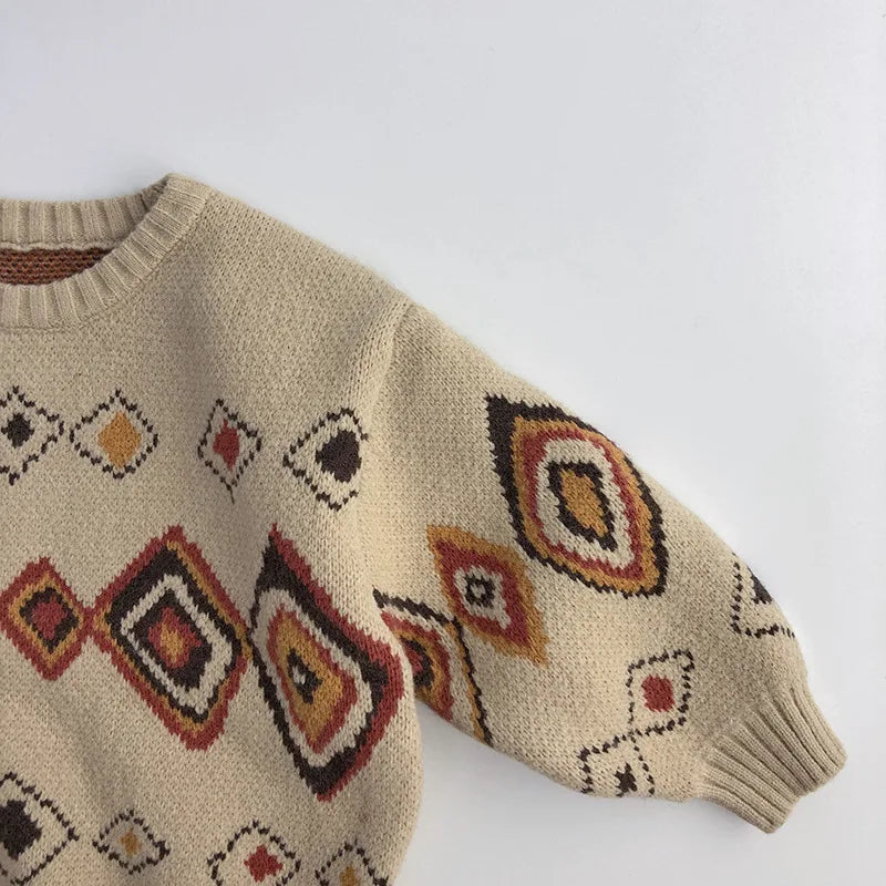 Autumn Winter Colourful Grid Retro Kids Sweaters Vintage Boys Warm Pullover Thicken Girls Knitwear Coat 1-6Y Unisex